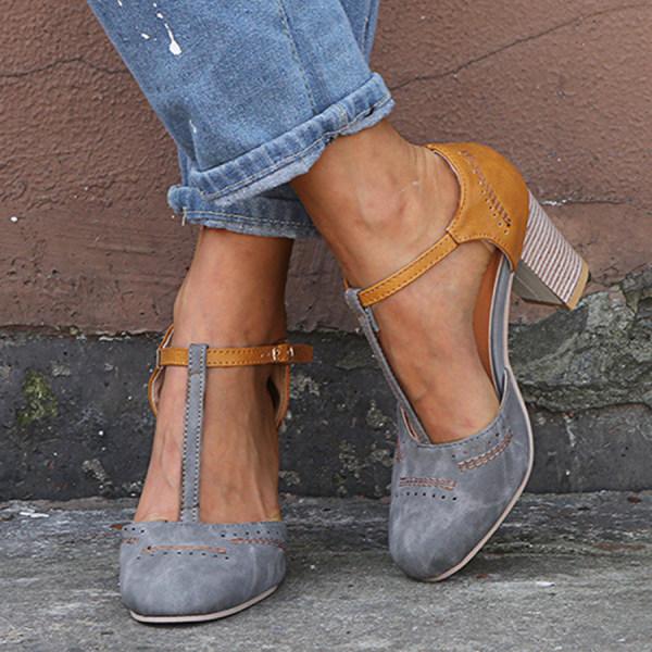 Mia | Women's T Strap Block Heel Pumps Black Tan