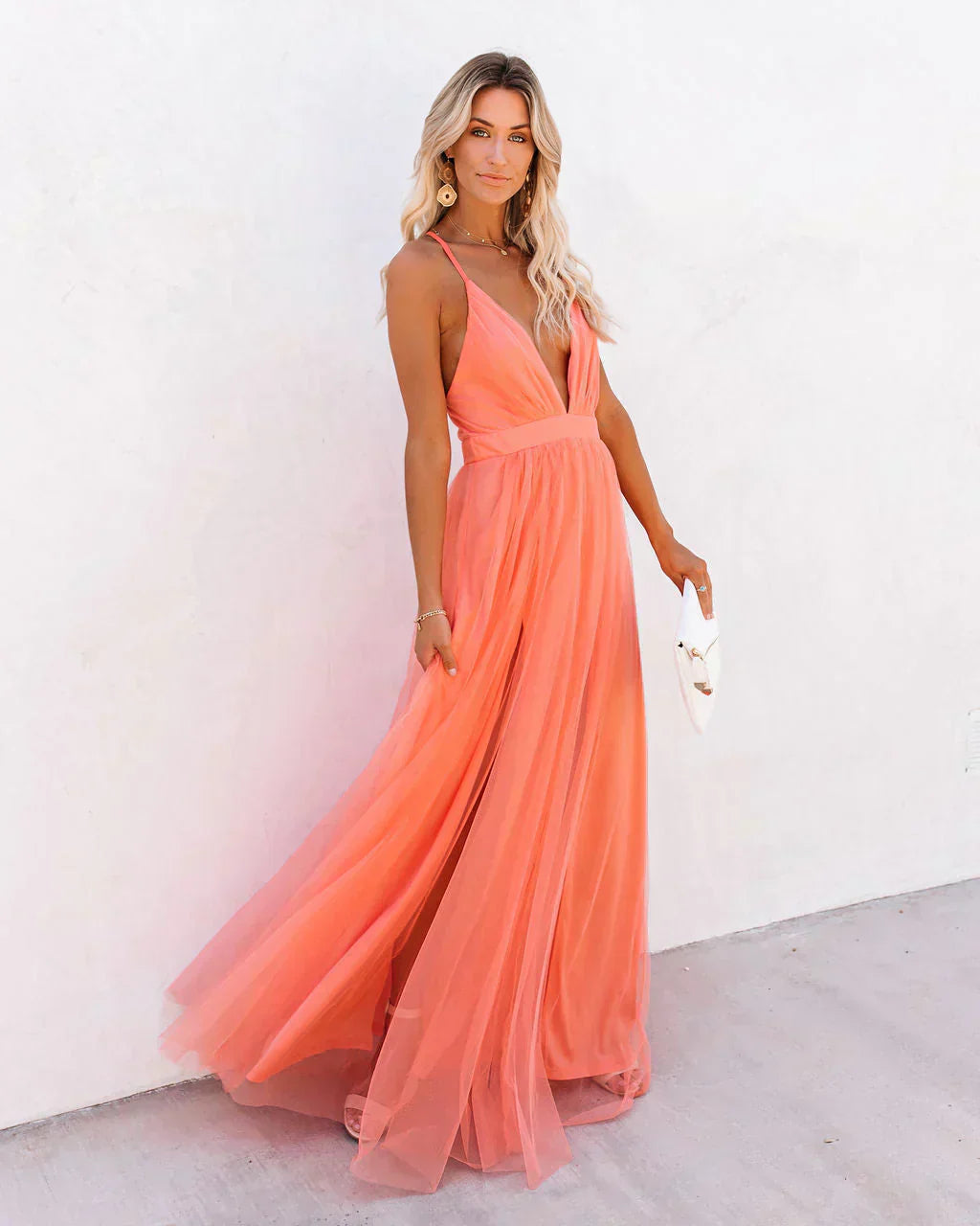 Vera | Women's V Neck Maxi Dress Chiffon Coral