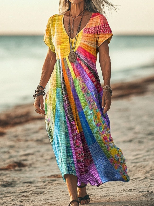 Nina | Women's Boho Patchwork Midi Dress Multicolor
