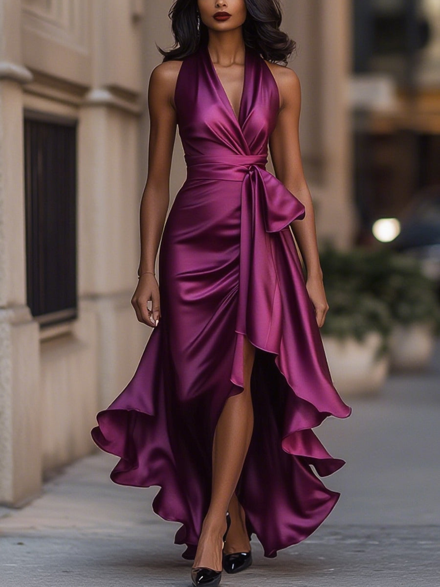 Ayla | Women's Satin Wrap Dress Navy Halter Neck