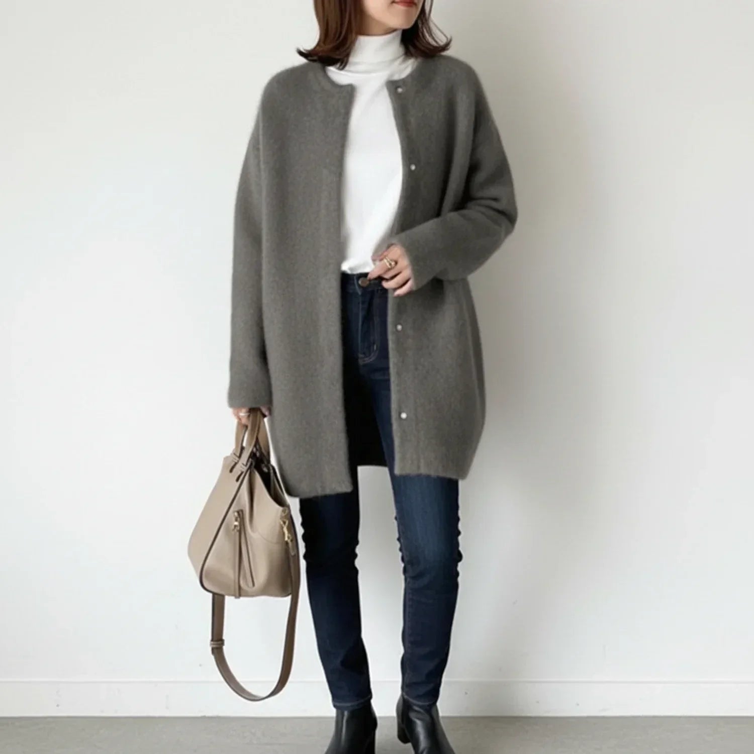 Lena | Women's Long Cardigan Sweater Beige Button Front