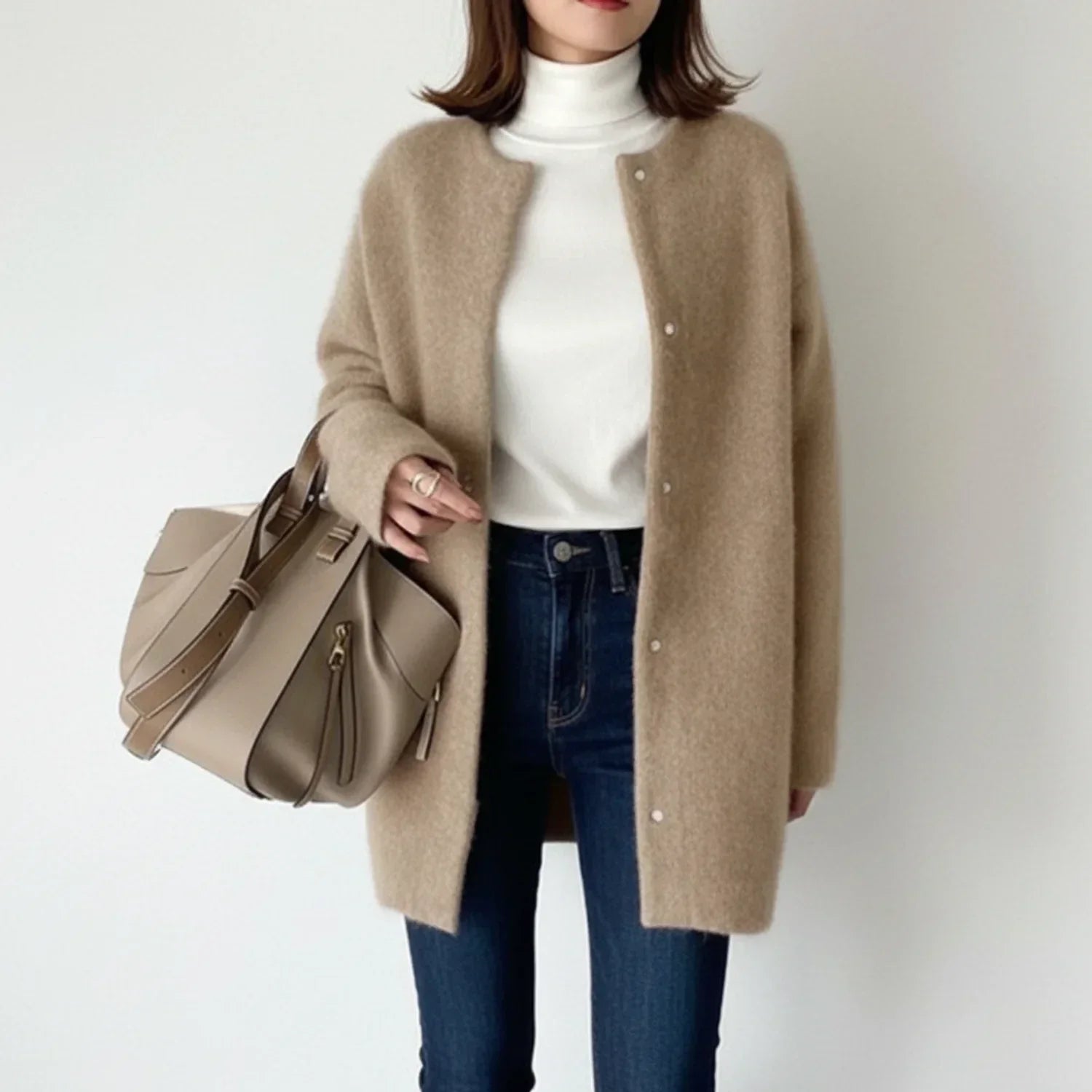 Lena | Women's Long Cardigan Sweater Beige Button Front