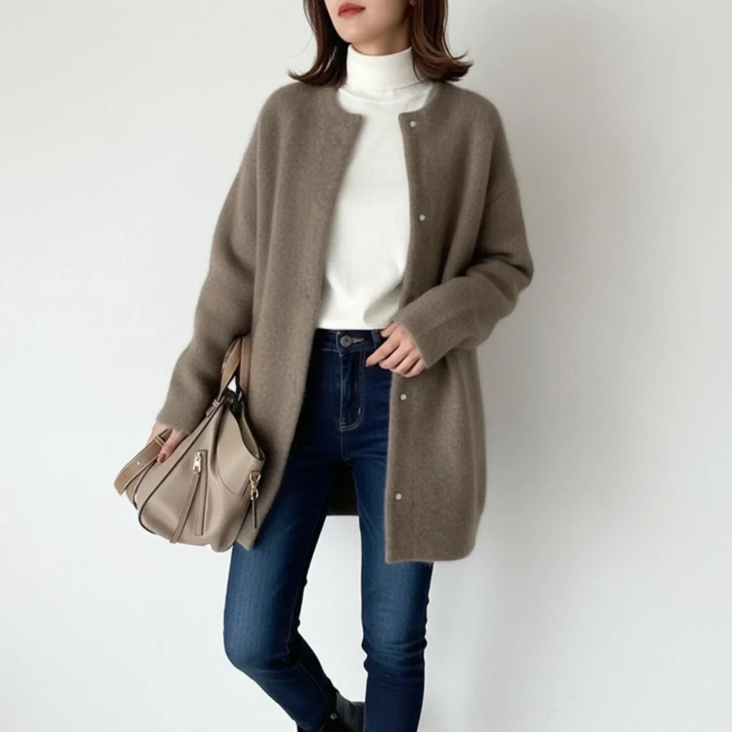 Lena | Women's Long Cardigan Sweater Beige Button Front