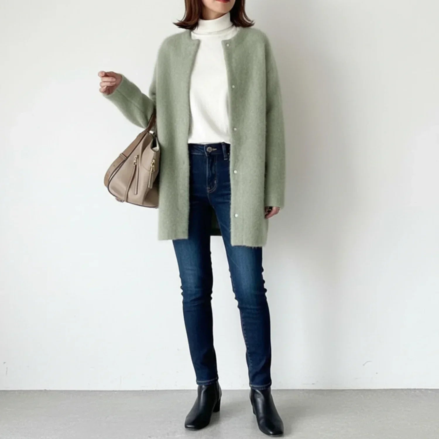 Lena | Women's Long Cardigan Sweater Beige Button Front