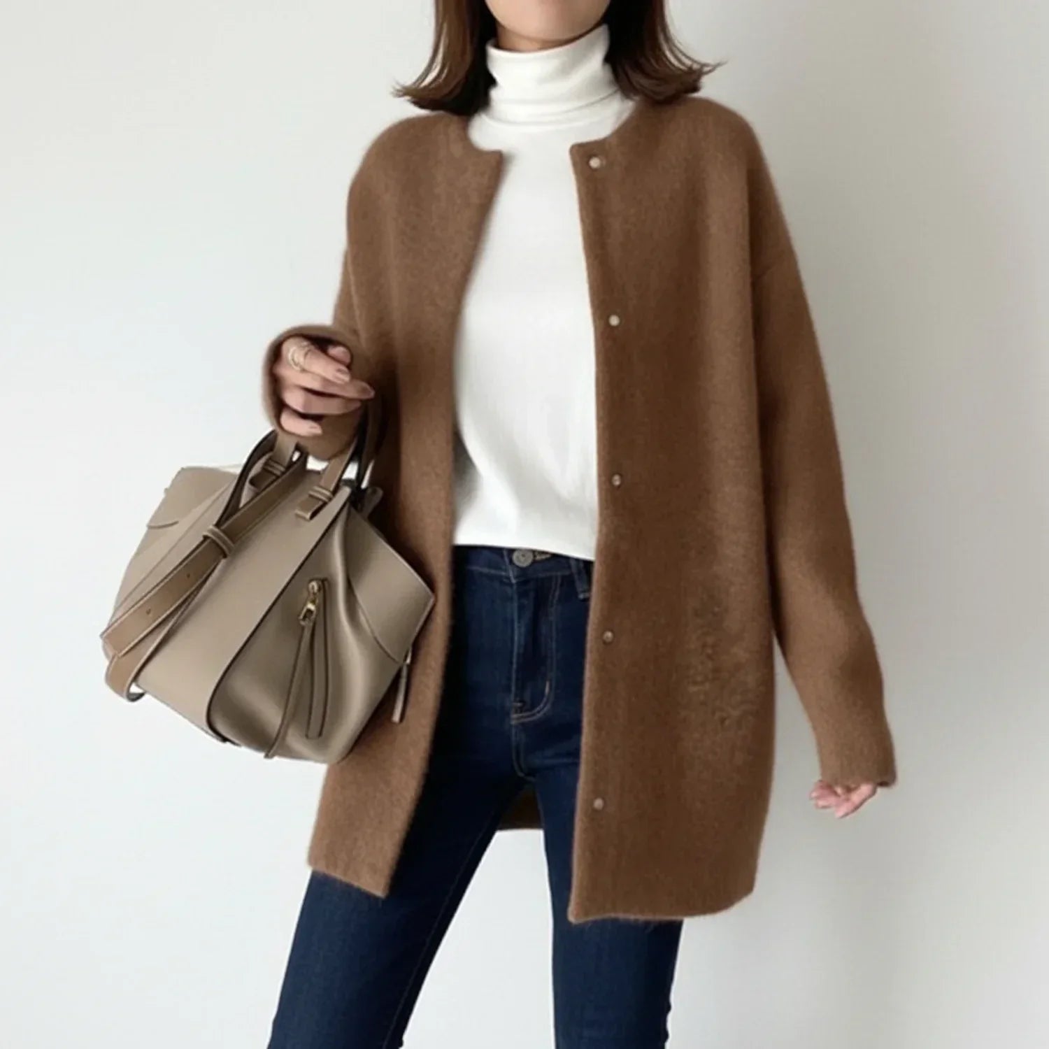Lena | Women's Long Cardigan Sweater Beige Button Front