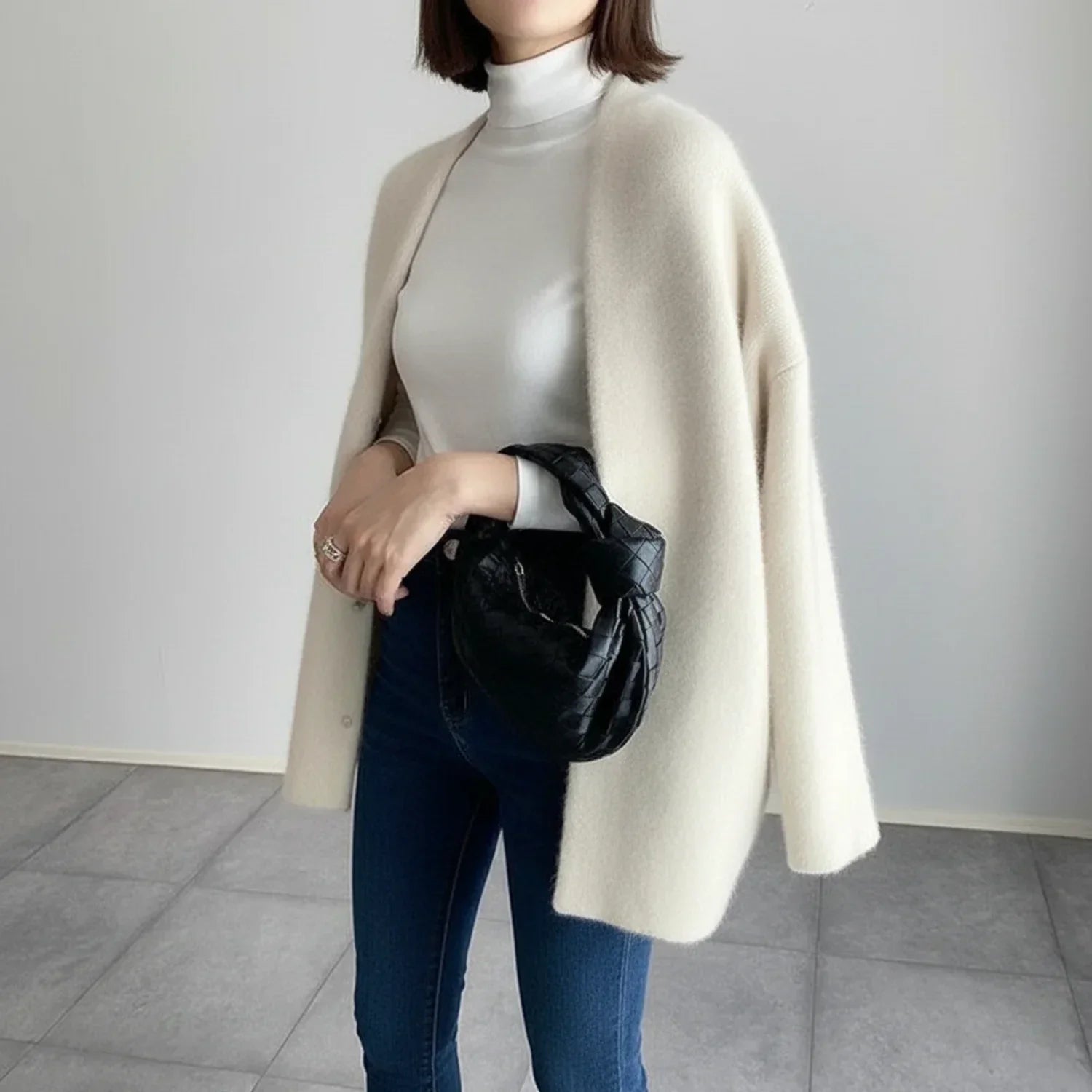 Lena | Women's Long Cardigan Sweater Beige Button Front