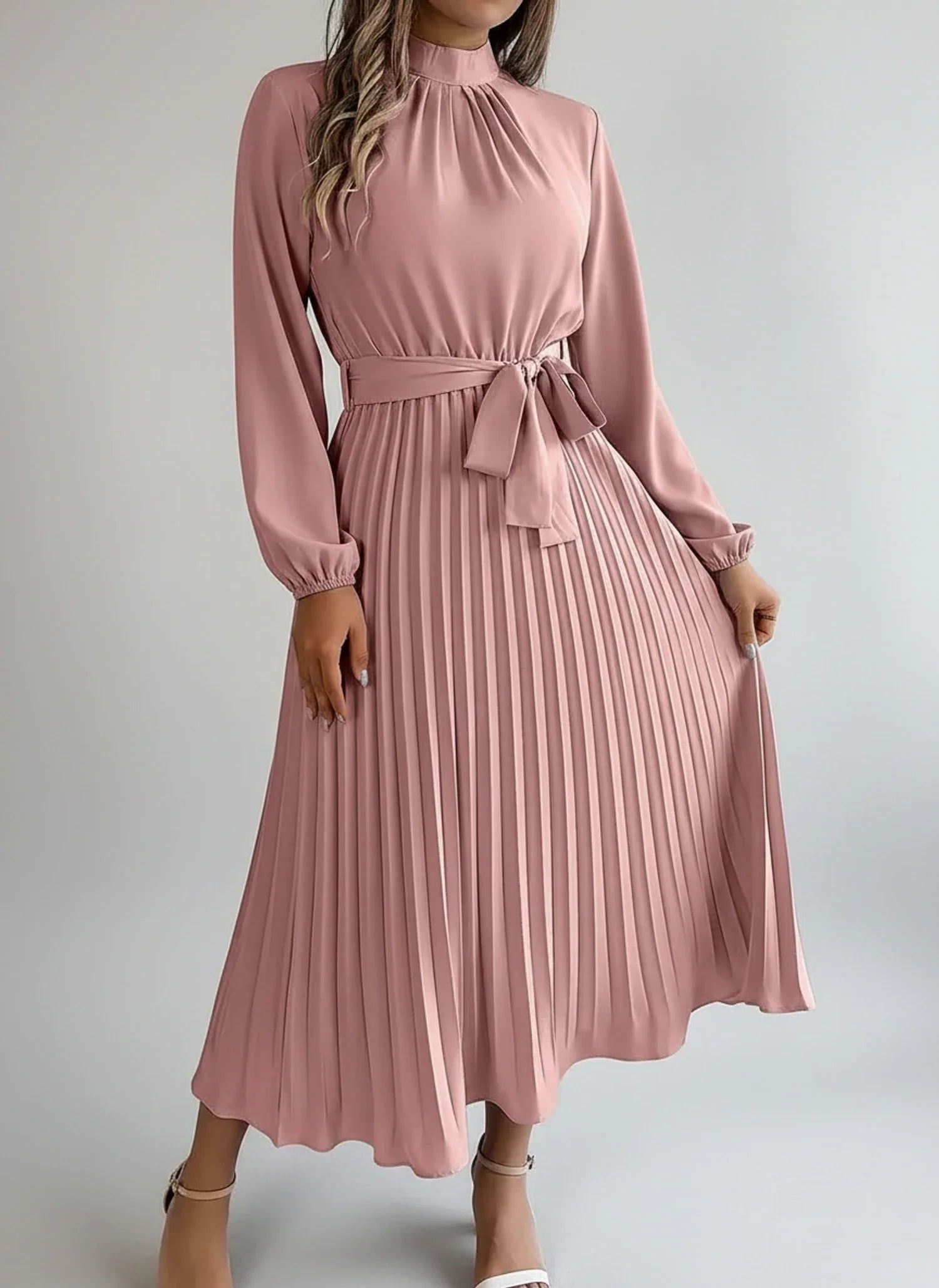 Ivy | Women's Long Sleeve Midi Dress Light Blue Pleated