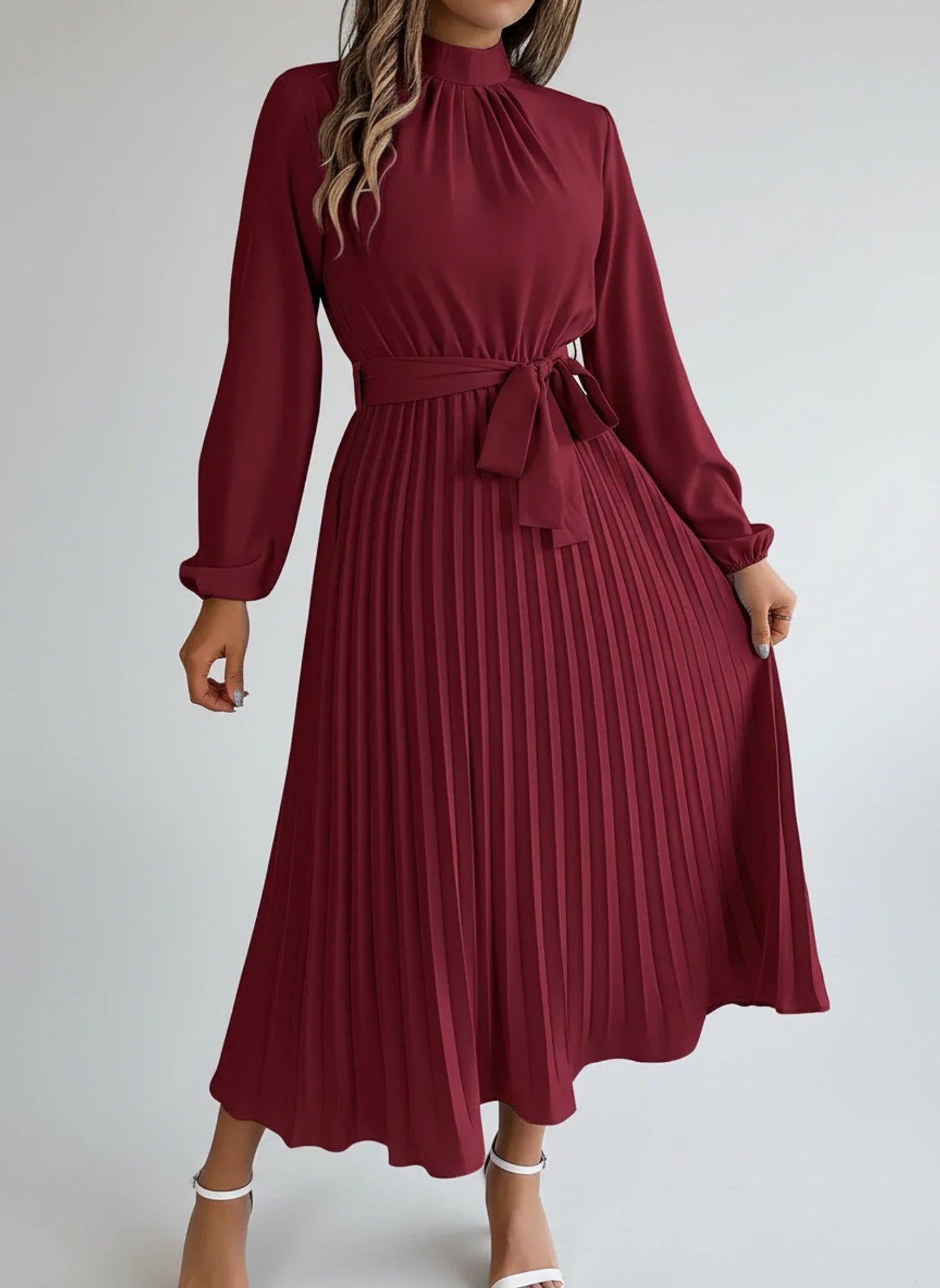 Ivy | Women's Long Sleeve Midi Dress Light Blue Pleated