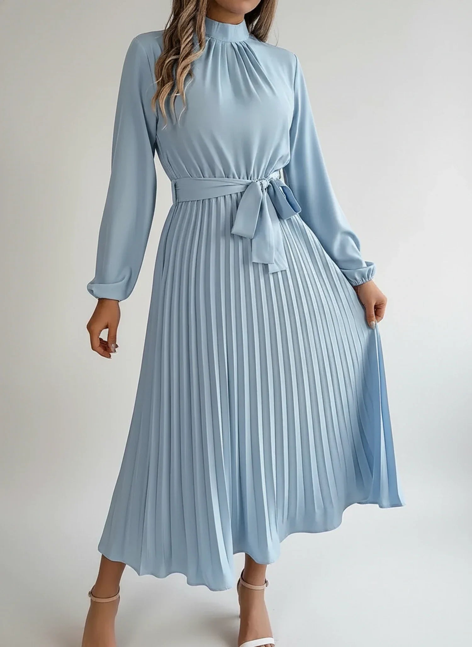 Ivy | Women's Long Sleeve Midi Dress Light Blue Pleated