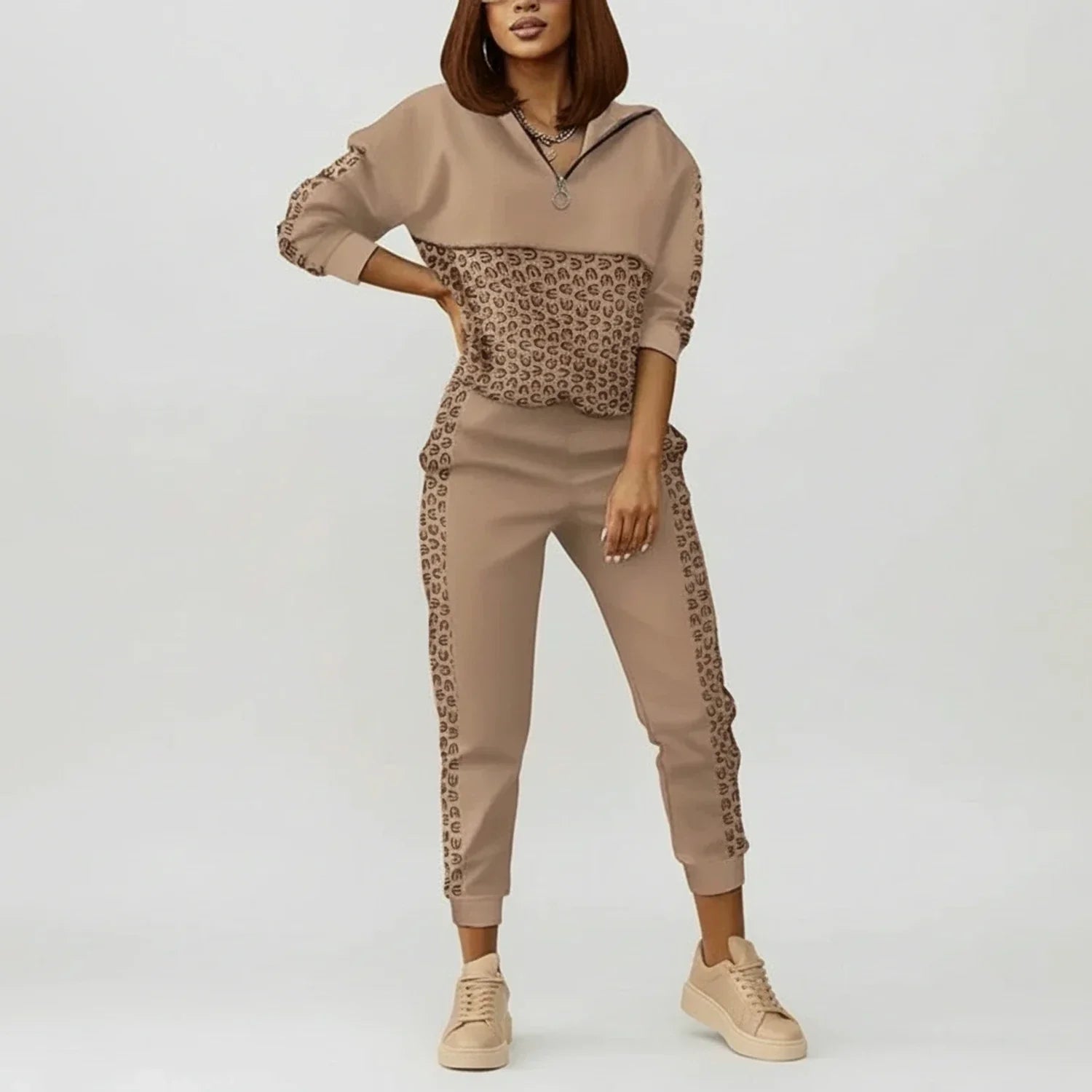 Maren | Women's Leopard Print Sweat Set Cream Jogger