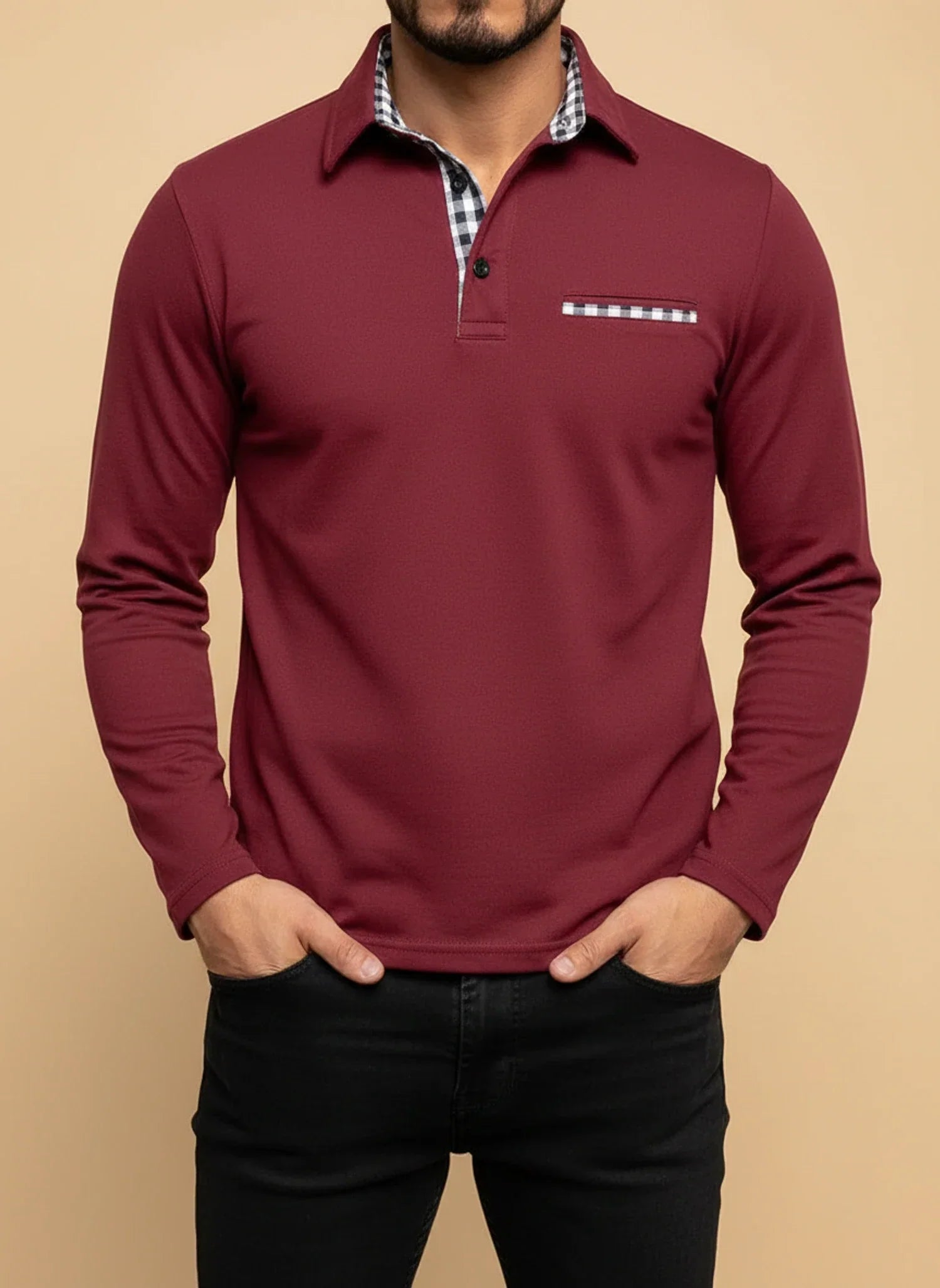 Axel | Men's Polo Shirt Long Sleeve Burgundy Checkered Collar