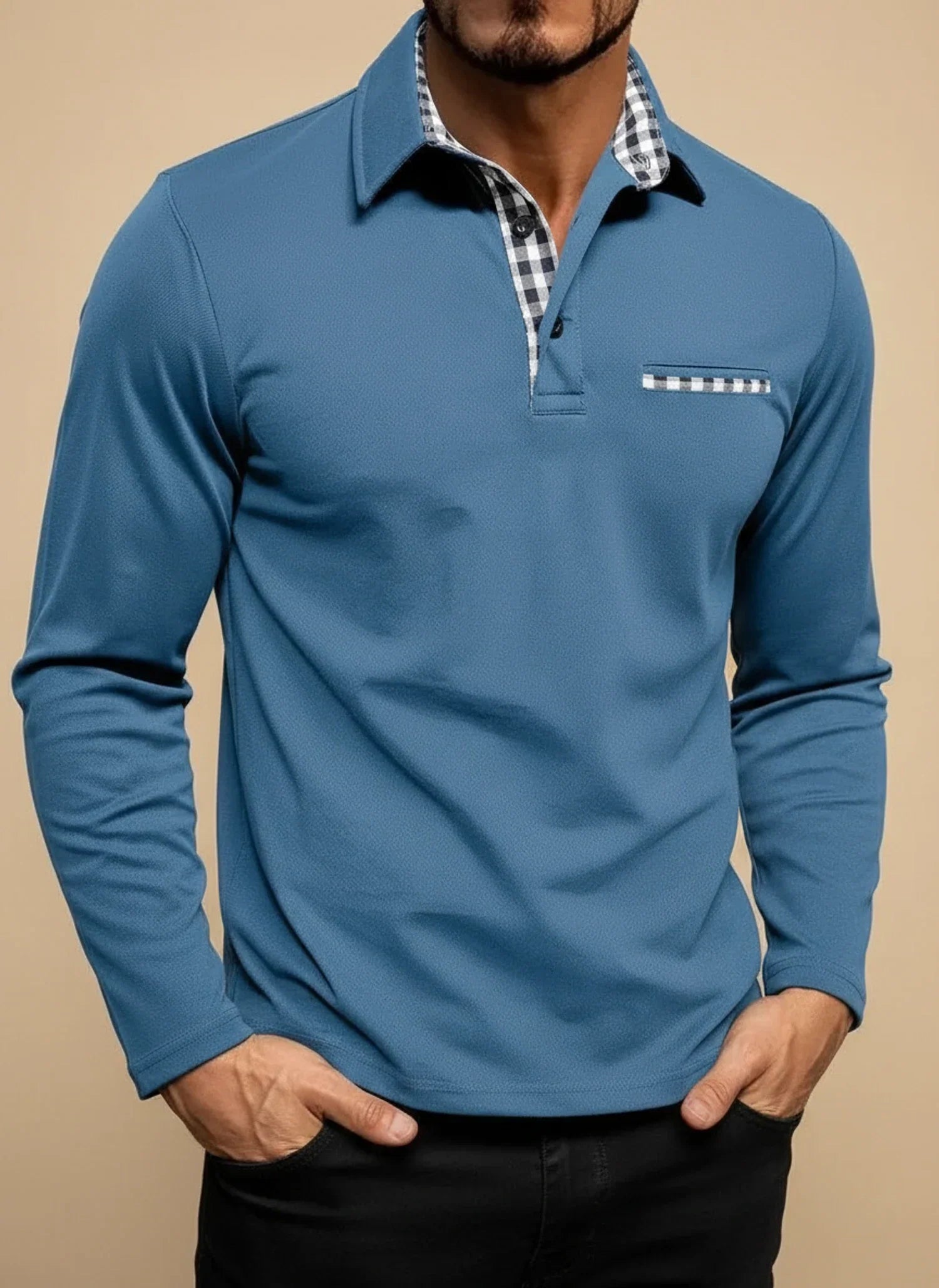 Axel | Men's Polo Shirt Long Sleeve Burgundy Checkered Collar