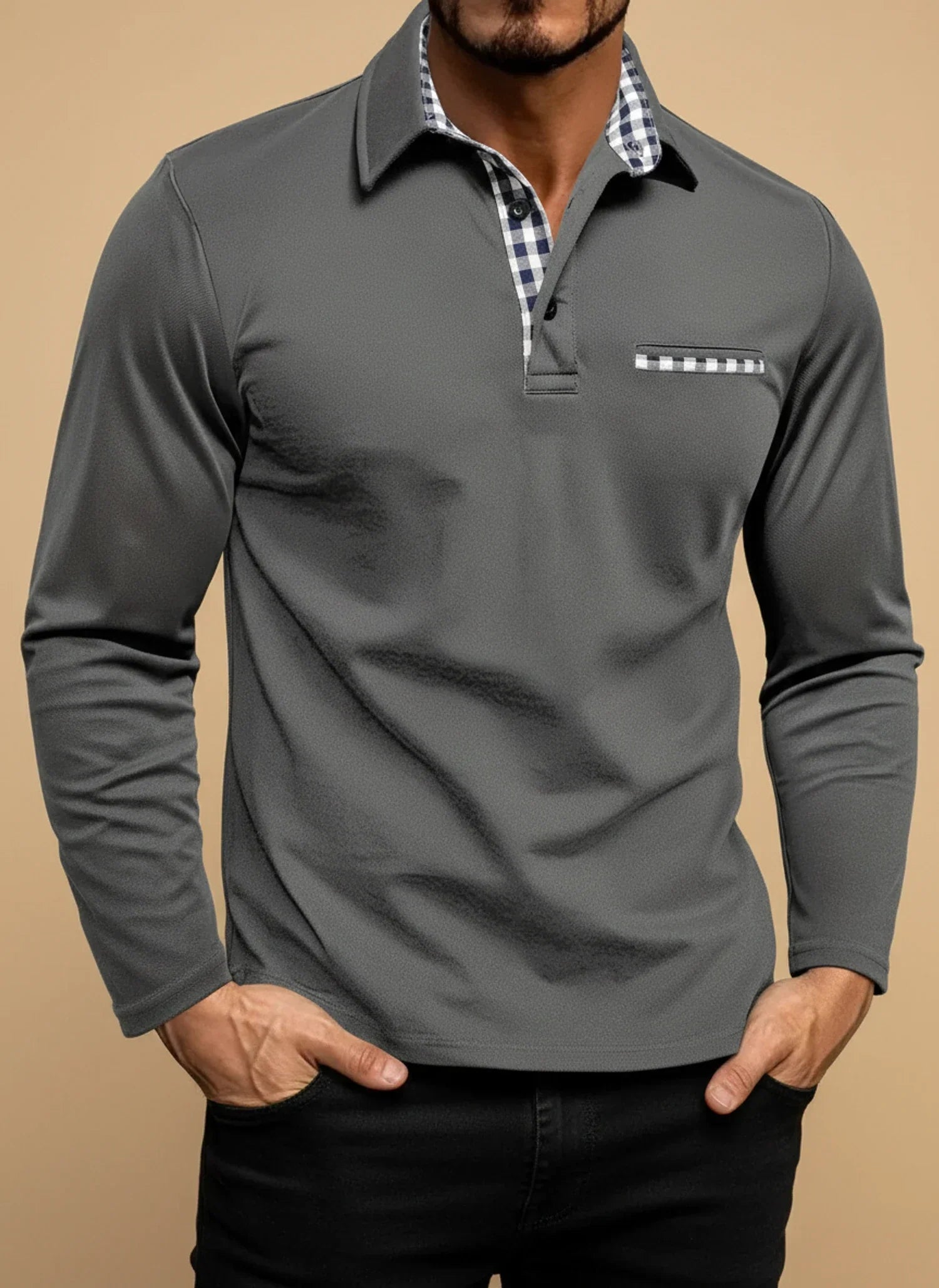 Axel | Men's Polo Shirt Long Sleeve Burgundy Checkered Collar