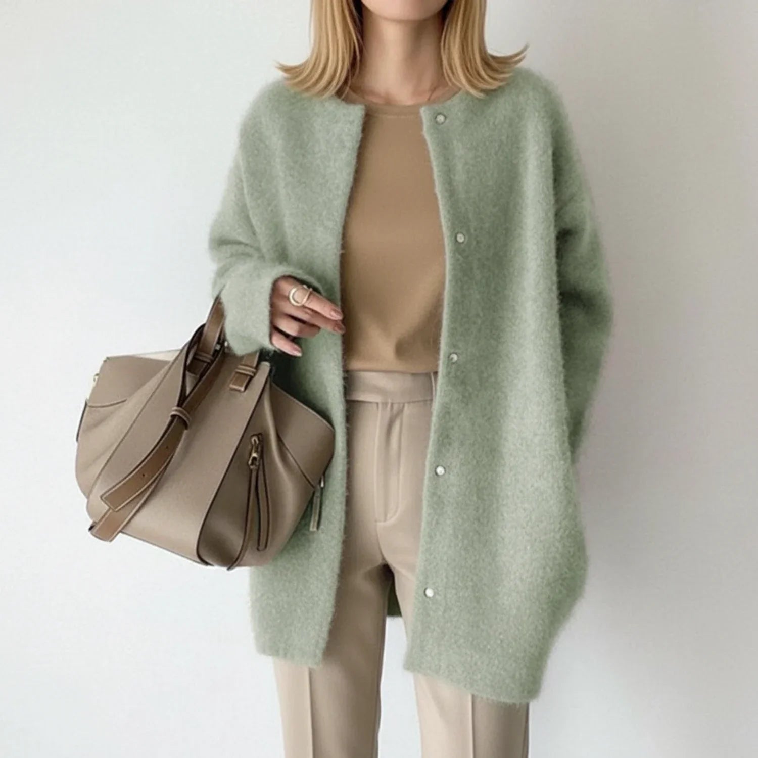 Ivy | Women's Long Cardigan Sweater Beige Button Front