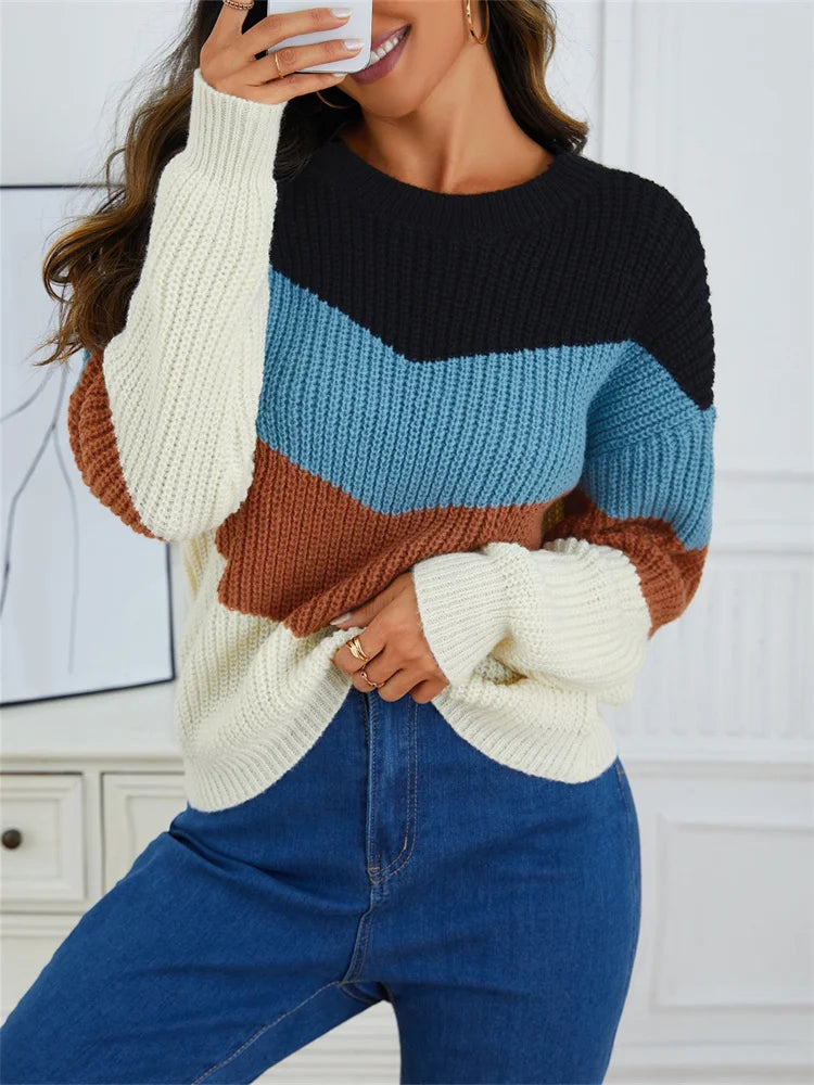 Greta | Women's Color Block Knit Sweater Light Blue