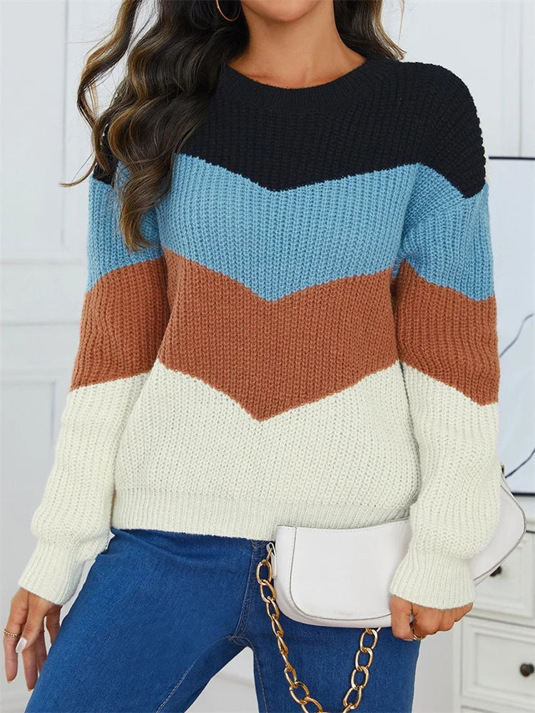 Greta | Women's Color Block Knit Sweater Light Blue