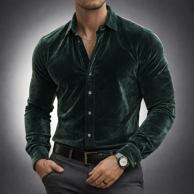 Voss | Men's Velvet Button Up Shirt Deep Green Long Sleeve