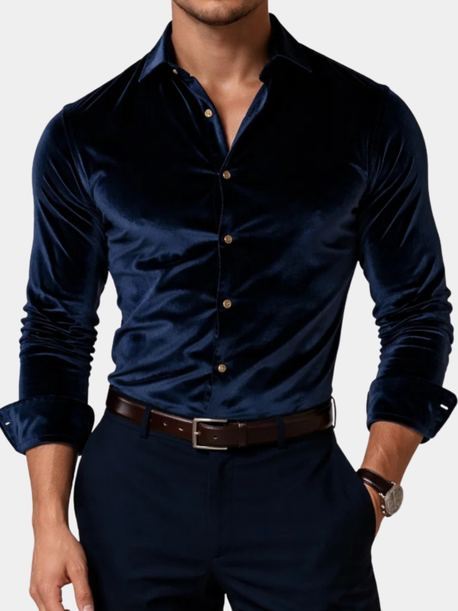 Voss | Men's Velvet Button Up Shirt Deep Green Long Sleeve