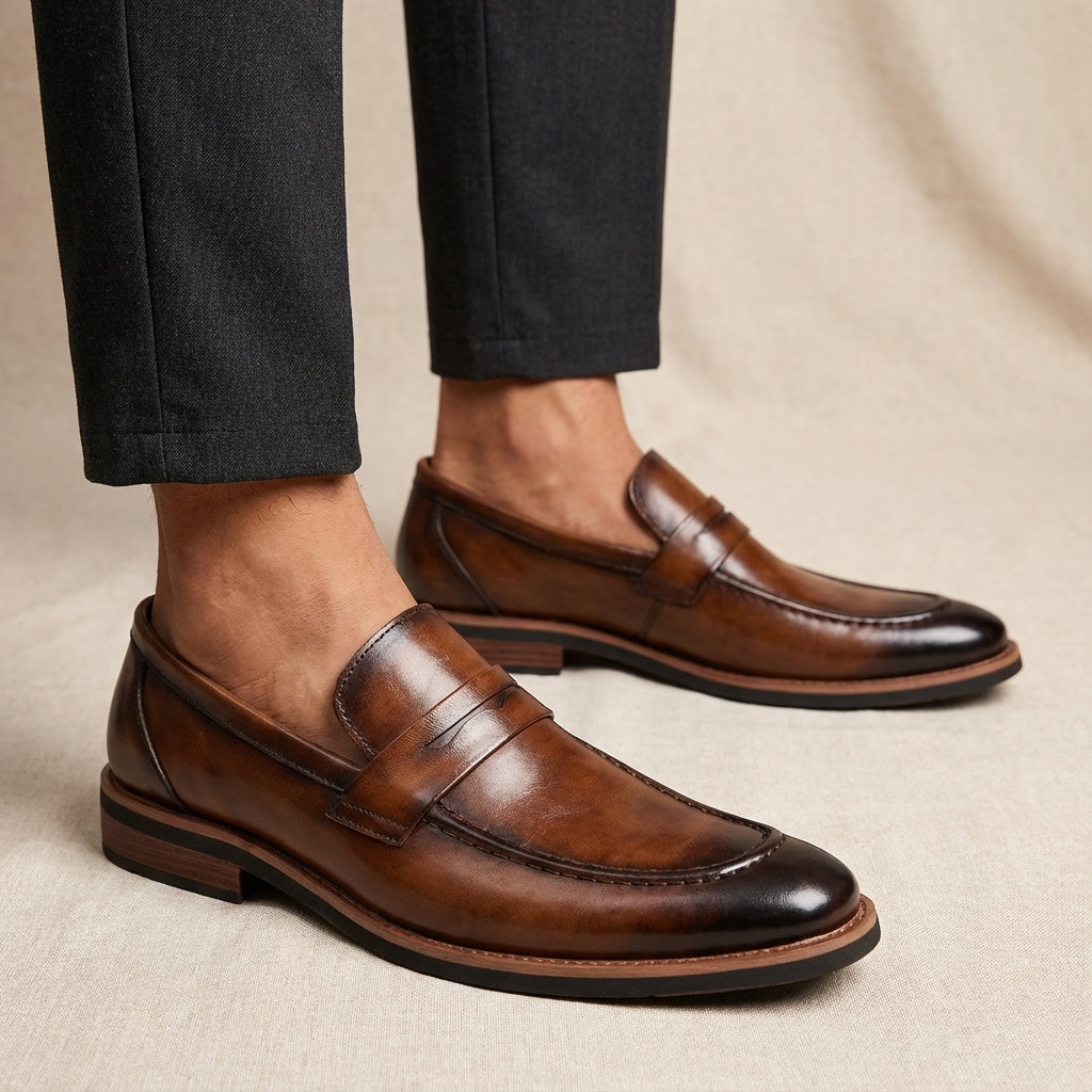 Rowan | Men's Leather Penny Loafer Brown Slip On Shoes