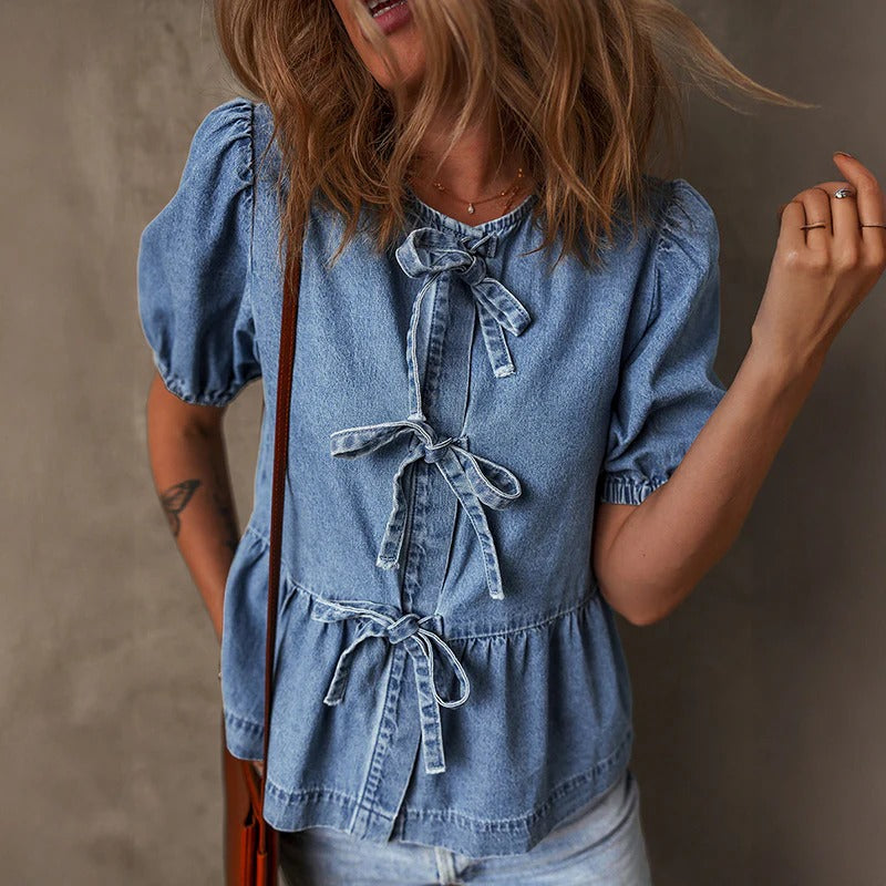 Faye | Women's Denim Shirt Puff Sleeve Light Blue Tie Front