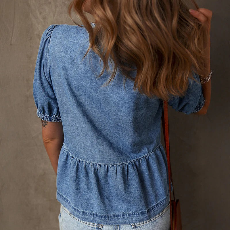 Faye | Women's Denim Shirt Puff Sleeve Light Blue Tie Front