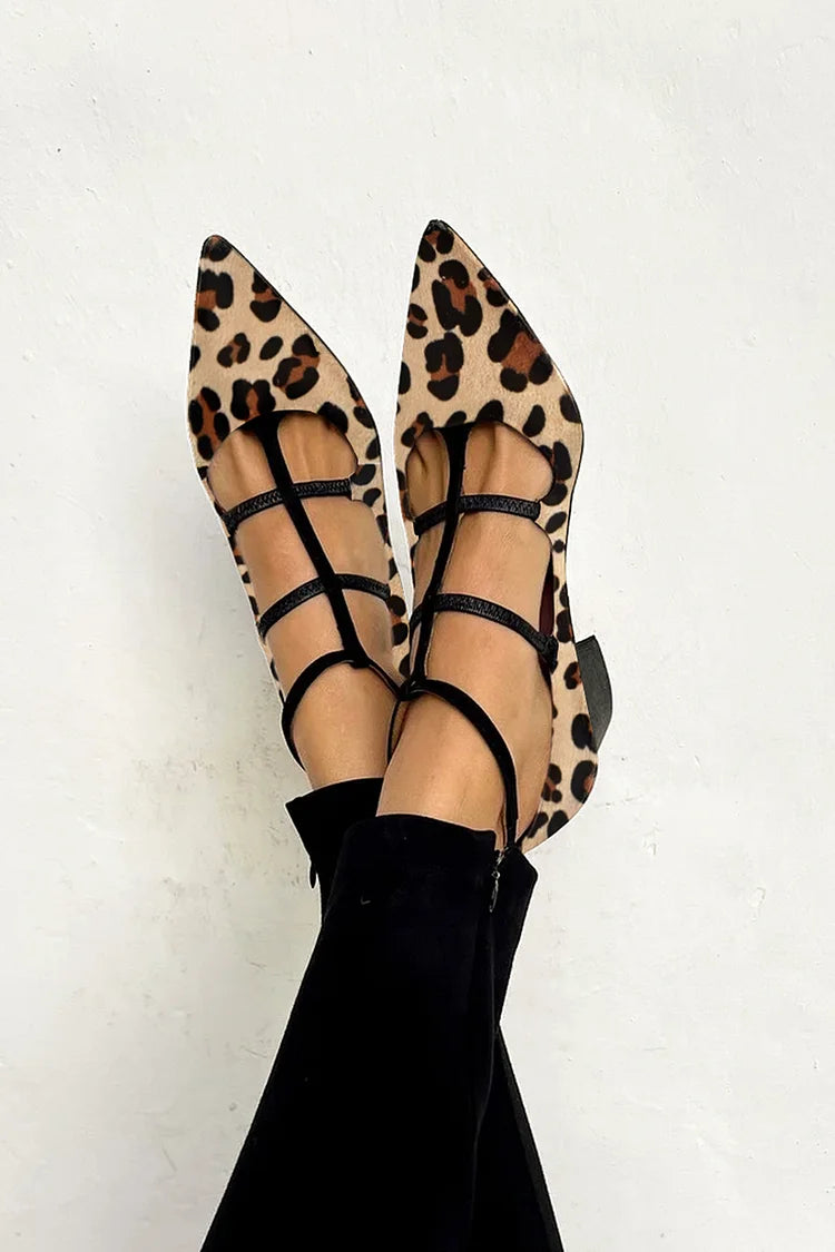Mira | Women's Leopard Print Pointed Flat Strappy Cream Black