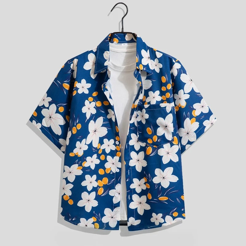 Axel | Men's Hawaiian Shirt Navy Floral White Orange