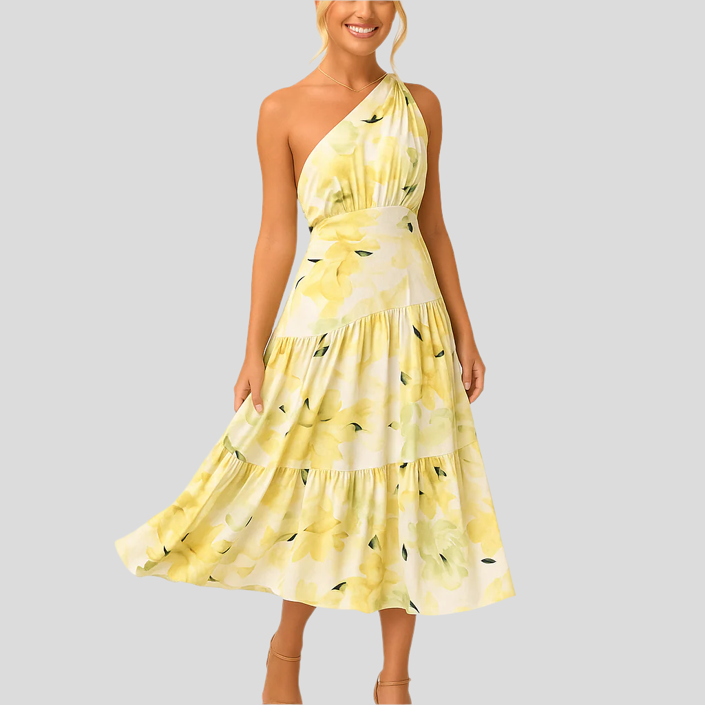 Wren | Women's One Shoulder Floral Midi Dress Cream