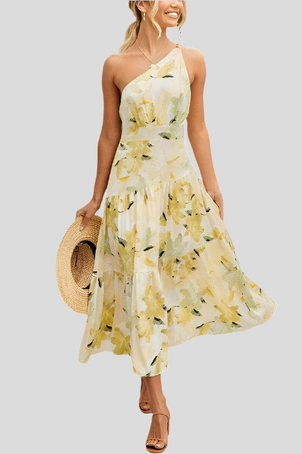 Wren | Women's One Shoulder Floral Midi Dress Cream