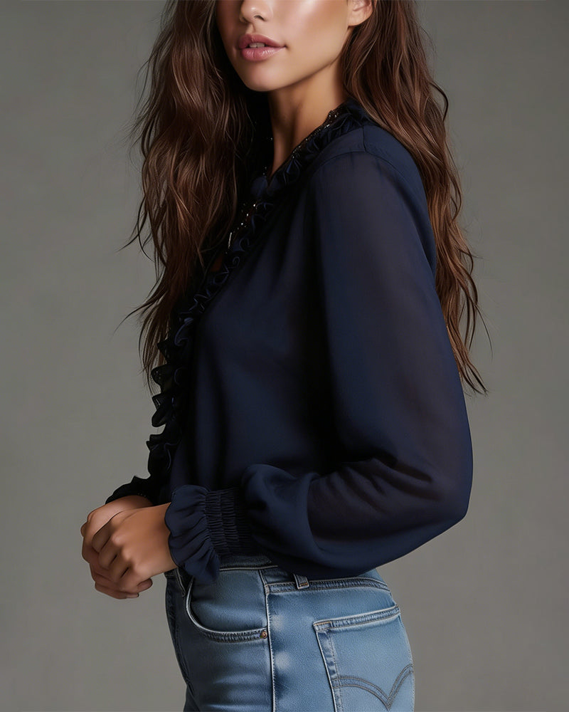 Vera | Women's Ruffle V Neck Blouse Navy Long Sleeve