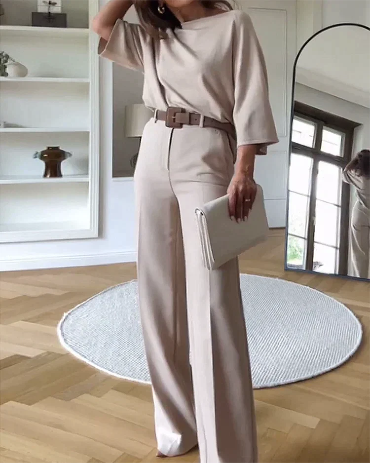 Cleo | Women's Wide Leg Pants Cream Belted High Waisted