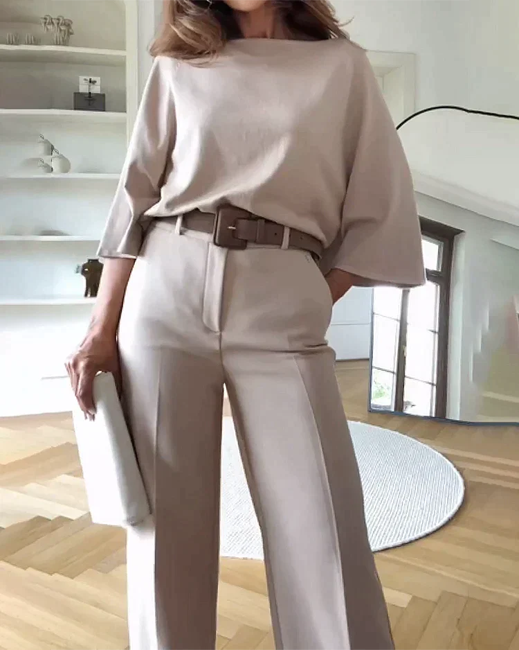 Cleo | Women's Wide Leg Pants Cream Belted High Waisted