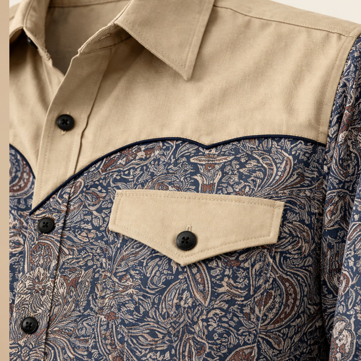 Flint | Men's Patchwork Denim Shirt Navy Cream Long Sleeve
