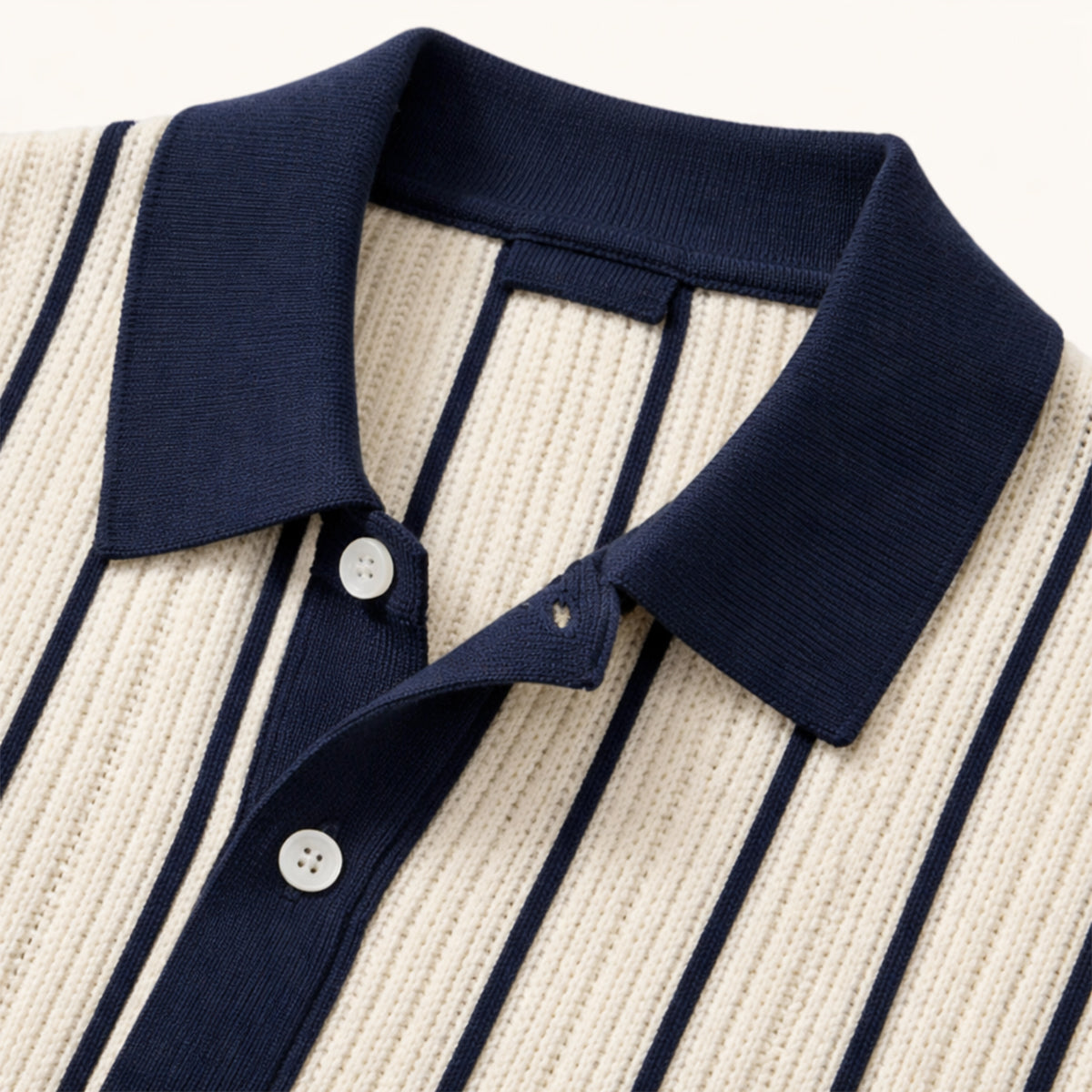 Bram | Men's Smart Casual Striped Knit Polo Shirt Cream Navy
