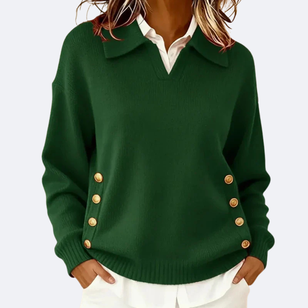 Nina | Women's Collared Knit Sweater Brown Button Detail