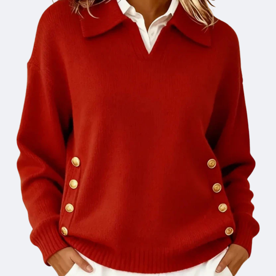 Nina | Women's Collared Knit Sweater Brown Button Detail