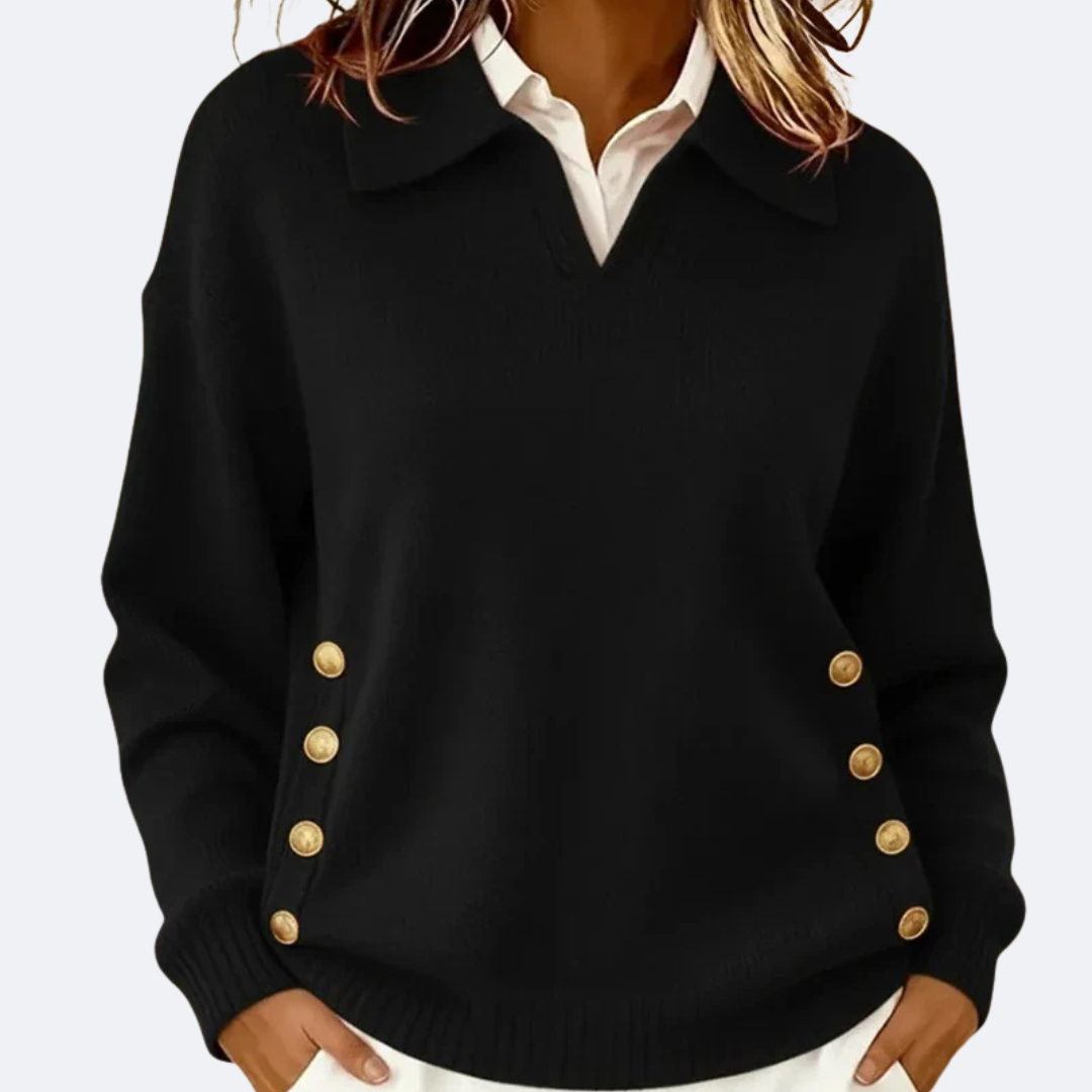 Nina | Women's Collared Knit Sweater Brown Button Detail