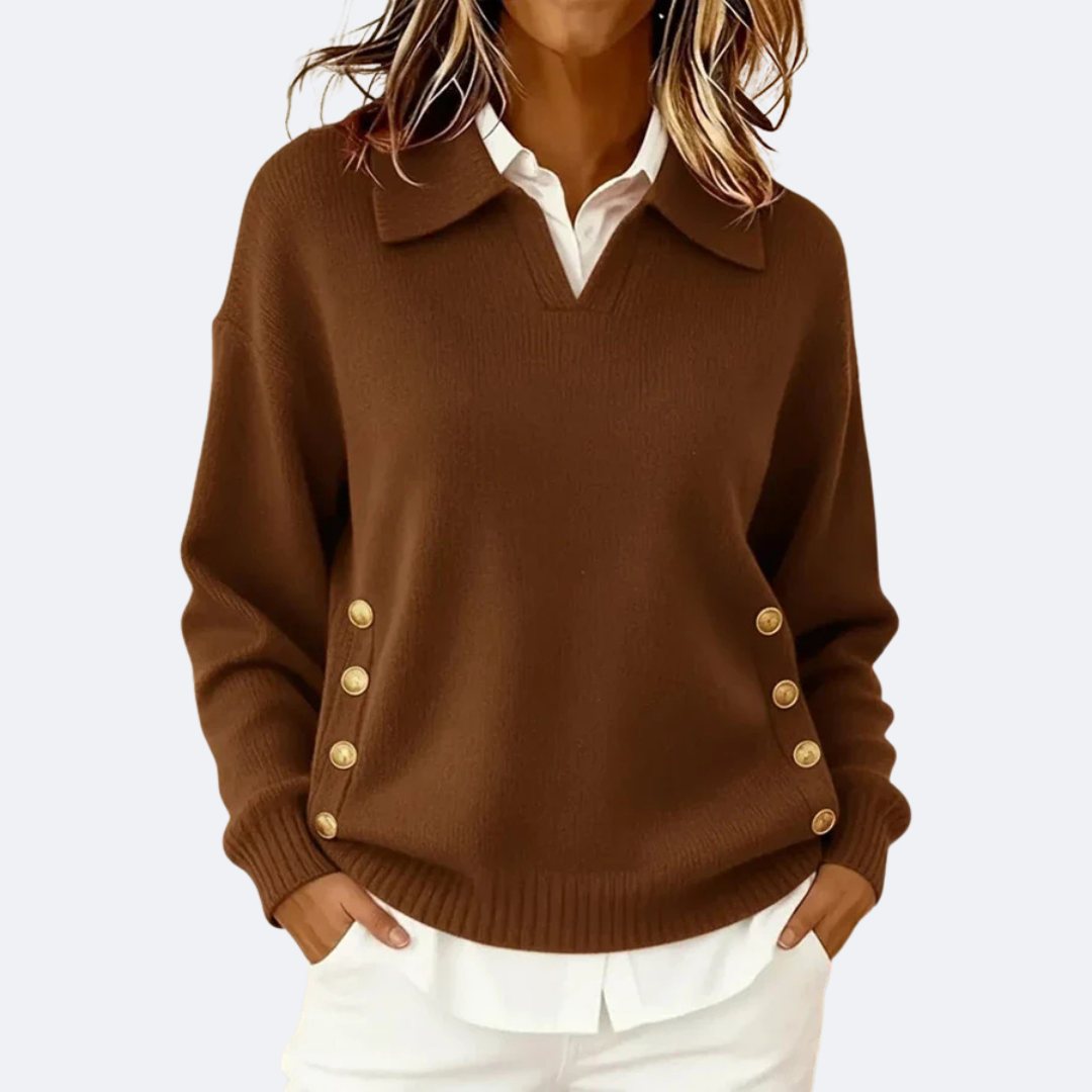 Nina | Women's Collared Knit Sweater Brown Button Detail
