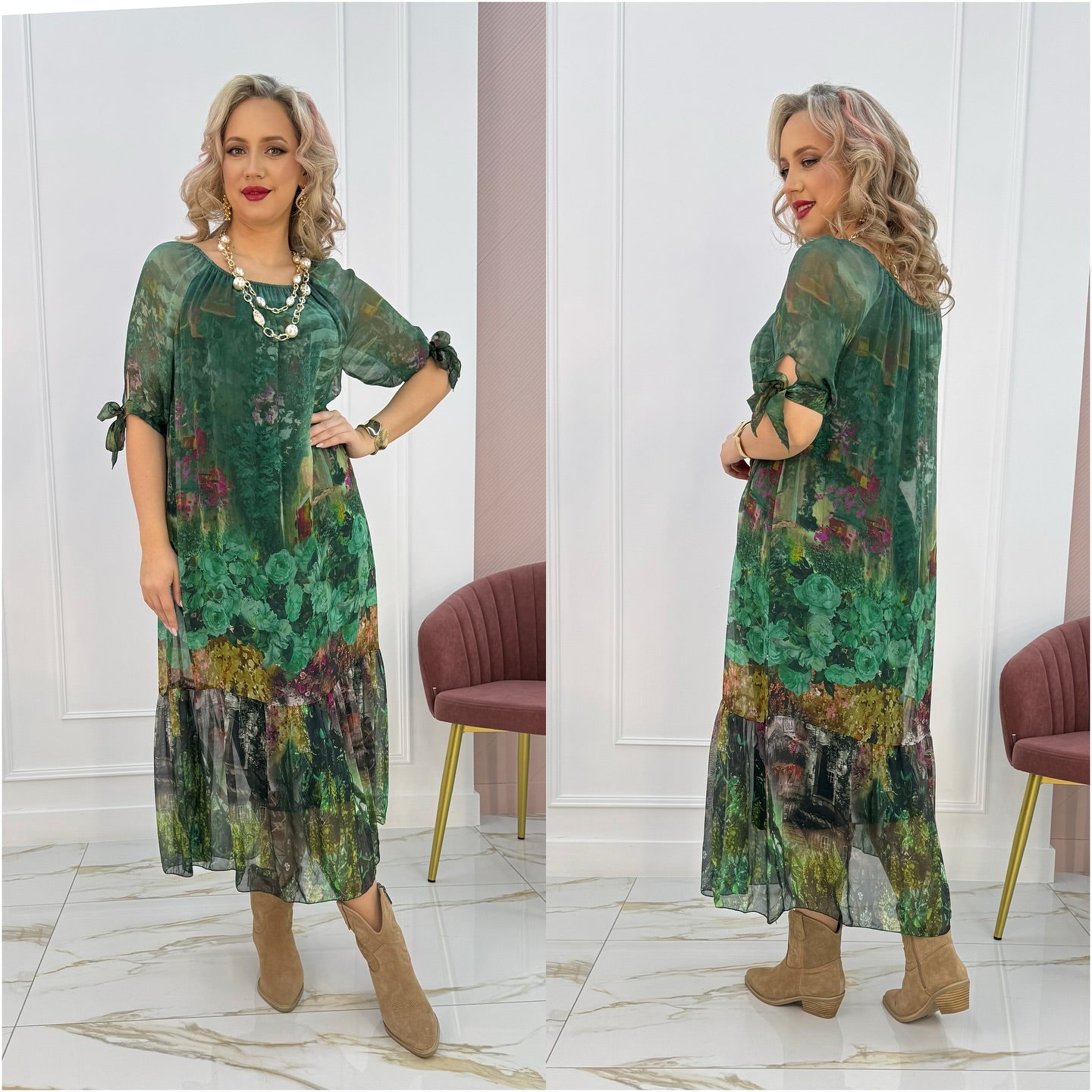 Vera | Women's Vintage Floral Midi Dress Green Tie Sleeve