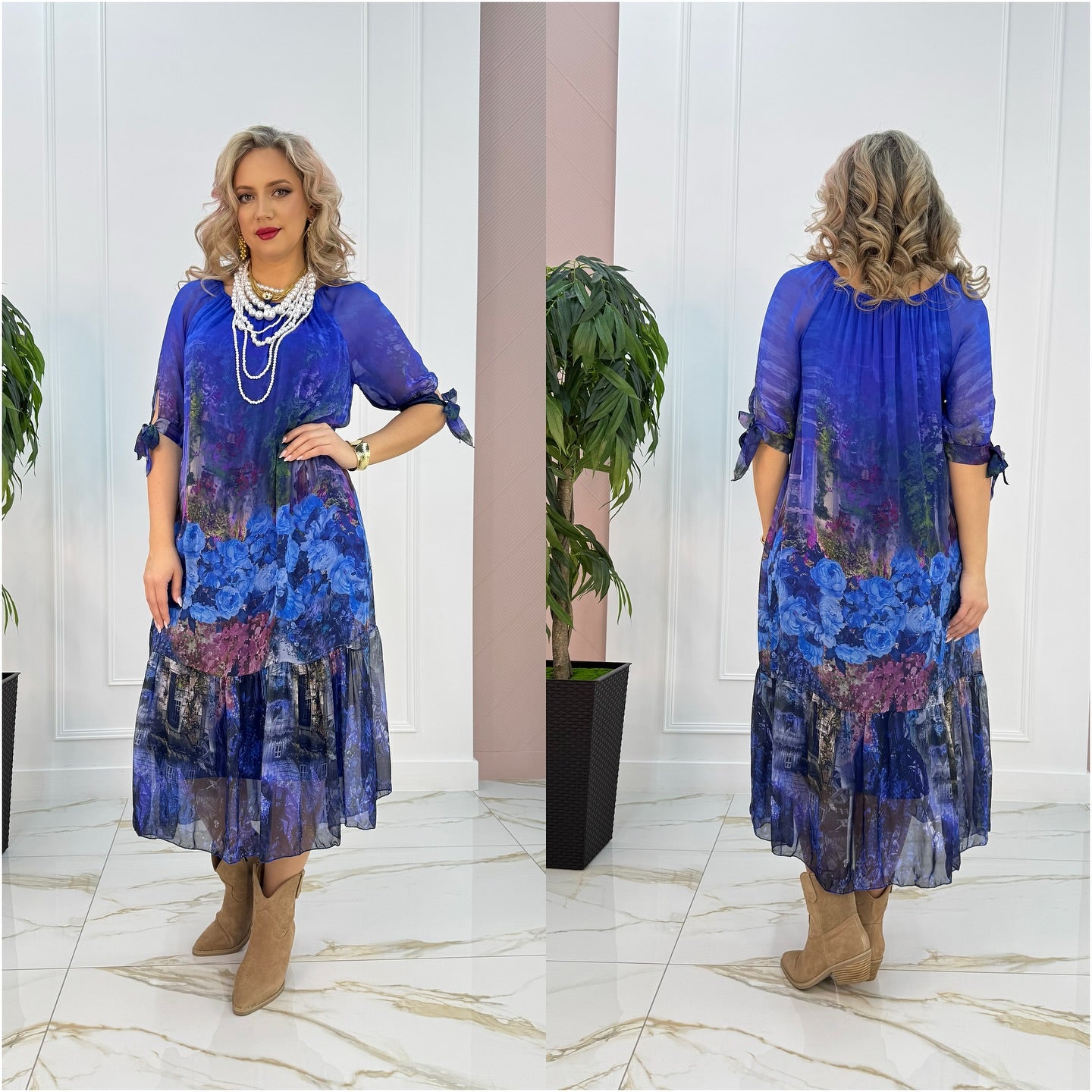 Vera | Women's Vintage Floral Midi Dress Green Tie Sleeve