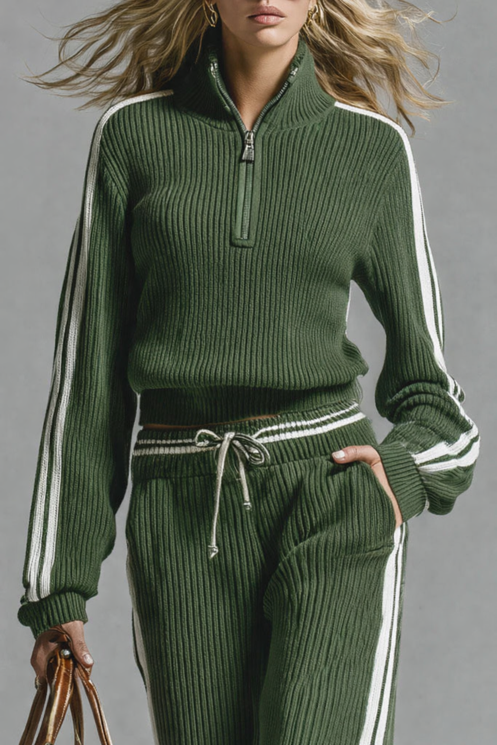 Lola | Women's Striped Knit Set Green Ribbed Quarter Zip