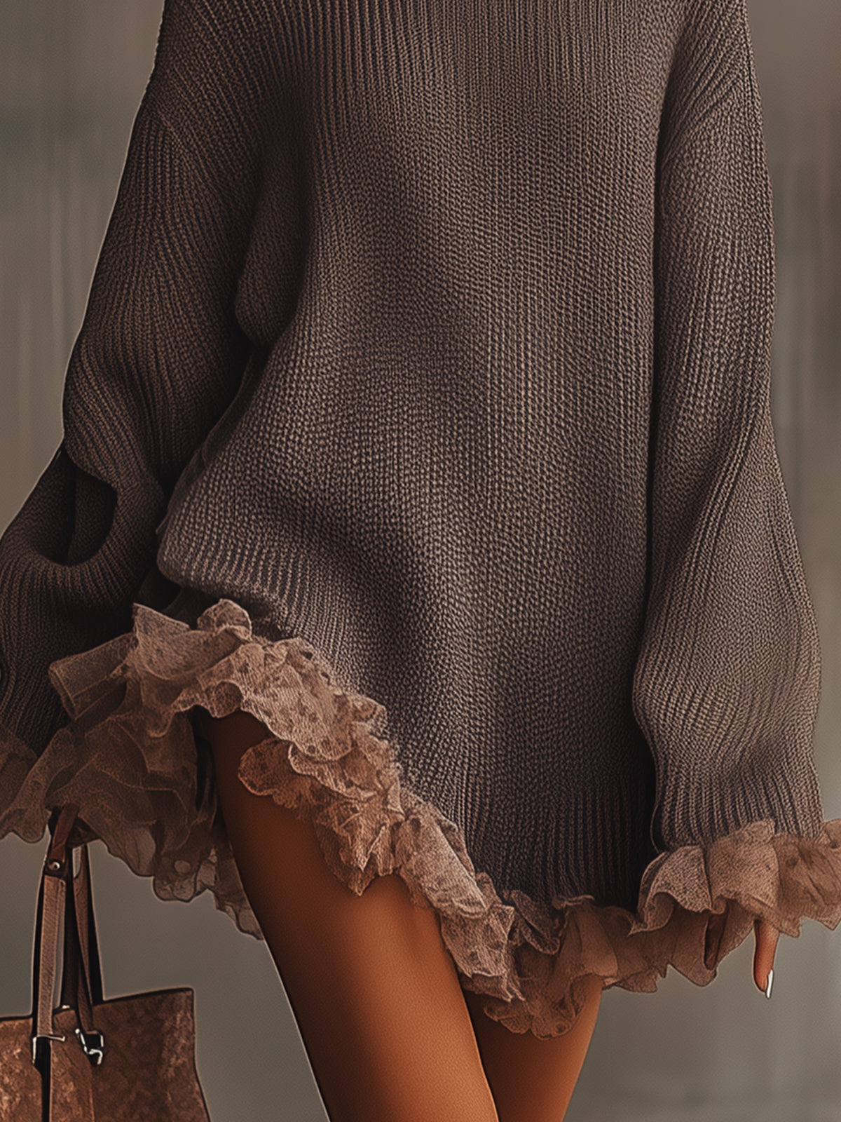 Ella | Women's Oversized Sweater Dress Brown Lace Trim
