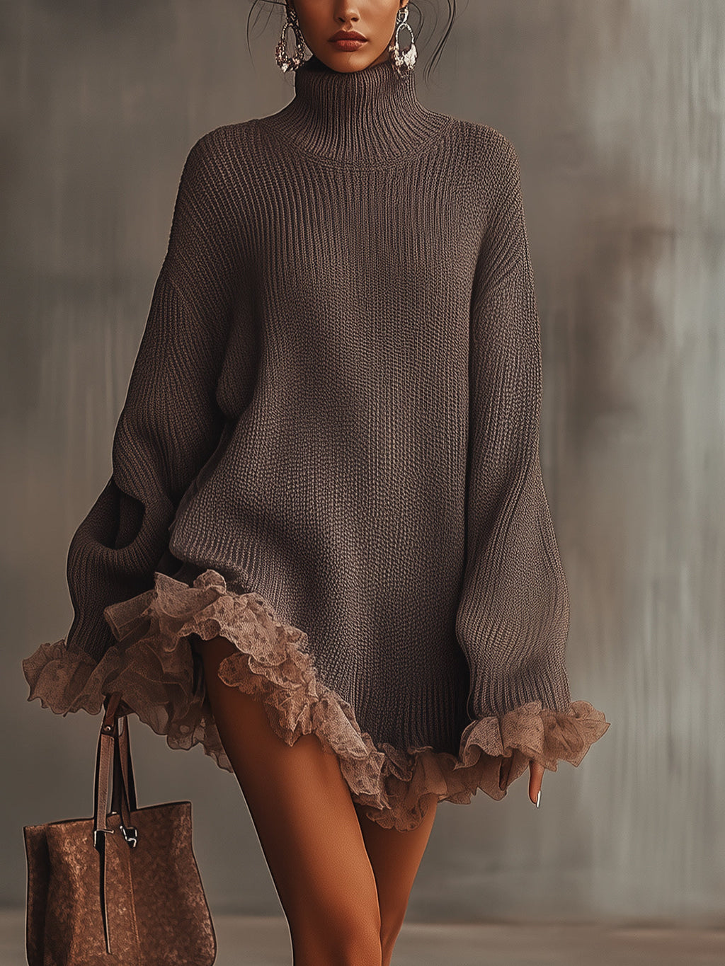 Dama Washington Ella women's oversized sweater dress brown lace trim - front view