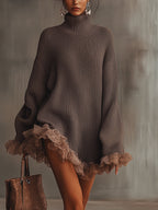 Dama Washington Ella women's oversized sweater dress brown lace trim - front view