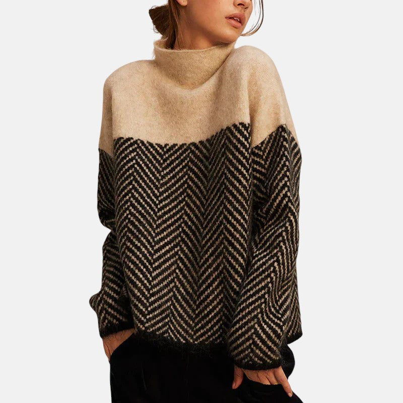 Maeve | Women's Turtleneck Chevron Knit Sweater Black Cream