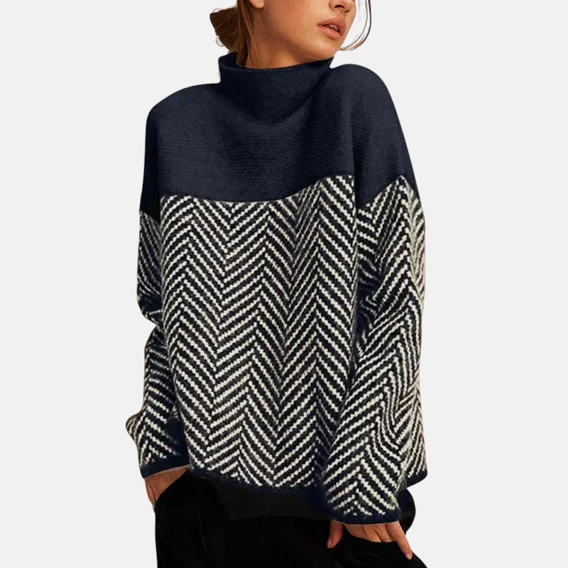 Maeve | Women's Turtleneck Chevron Knit Sweater Black Cream