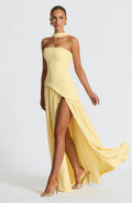 Dama Washington Maeve women's strapless halter maxi dress cream high slit - front view