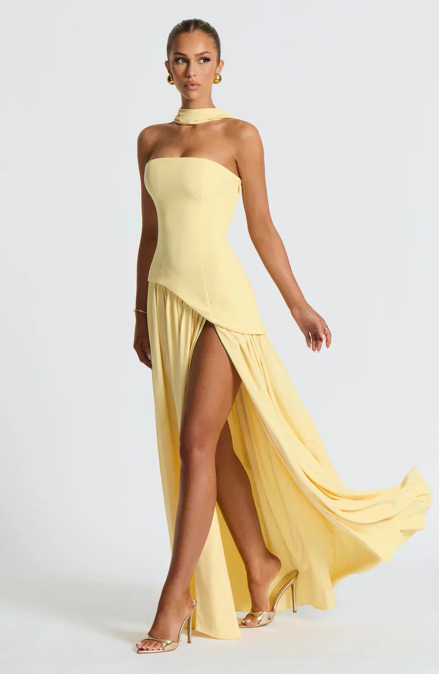 Maeve | Women's Strapless Halter Maxi Dress Cream High Slit