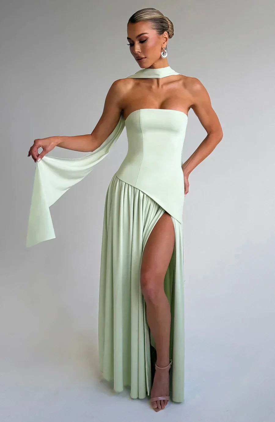 Maeve | Women's Strapless Halter Maxi Dress Cream High Slit