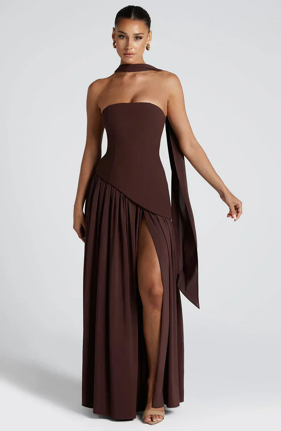 Maeve | Women's Strapless Halter Maxi Dress Cream High Slit